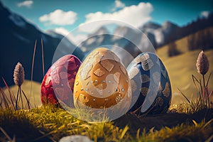 Big eastereggs on a meadow with mountains.generative ai