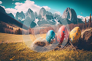 Big eastereggs on a meadow with mountains.generative ai