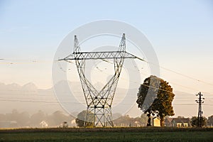 Big electricity high voltage pylon with power lines