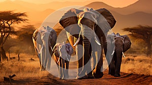 big elephant family walking by sunny savannah at sunset, animals of africa