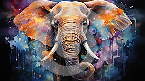 Big Elephant Head Colorful Watercolor Oil Painting Floral Design Abstract Art Background