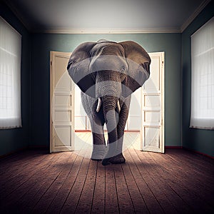 Big elephant standing in an empty room, animal concept, metaphorical idiom for important or enormous topic, illustration