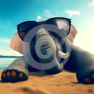 Big elephant with sunglasses is lying on beach, near seaside. Elephant with goggles