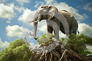 The big elephant is surprisingly stand on the top of the tree.