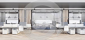 Big empty bright empty room with white chairs and desks, wooden floor. Interior design and coworking place concept, 3d rendering