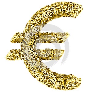 Big euro sign composed of many golden small euro signs on white