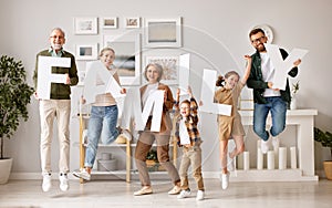 Big excited family celebrating relocation in new modern home