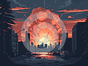 Big explosion in the city at sunset. illustration in flat style Generative AI