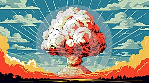 Big explosion of nuclear bomb in the sky. Vector cartoon illustration. photo