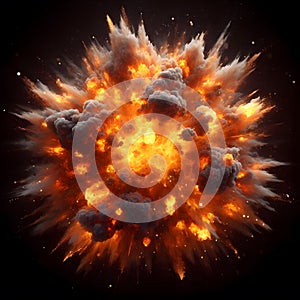 Big explosion with smoke and fire isolated on black background. 3d illustration