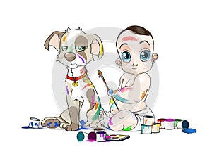 Big eyed baby and his snuffy puppy soiled by paints