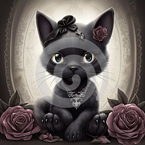 Big Eyed Cute Gothic Cat with Antique Pink Roses