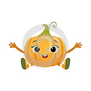 Big Eyed Cute Girly Pumpkin Character Sitting, Emoji Sticker With Baby Vegetable