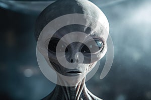 Big eyed gray alien portrait in dark environment, UFO concept design. Generative ai