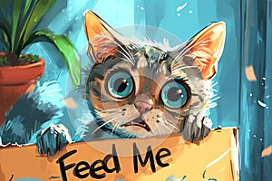 Big-eyed hungry kitten asking for food with a sign that says "Feed me". Concept of pet care, animal feeding, funny cats