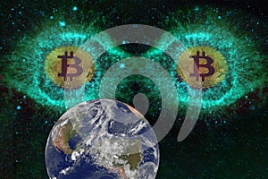 Big eyes Coins of bitcoin in space looking at the earth.