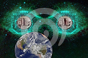 Big eyes Coins of litecoin in space looking at the earth