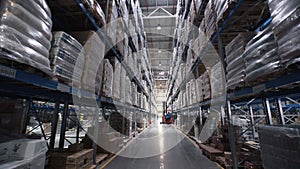 Big factory warehouse. store Aisles. Camera travels inside a large store