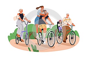 Big family bicycle ride. Young and senior old people cycling together. Healthy active outdoor activity, travel for