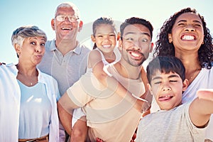 Big family, crazy portrait of grandparents and kids with mom, dad and smile, happy bonding together on ocean vacation