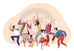 Big family dancing together. Happy parents, children and grandparents have fun, play and have a good time. Dancing at