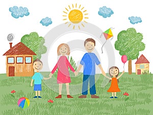 Big family. Father mother brother standing near house grass and sun summer background kids hand drawn style vector