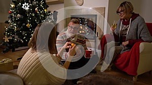 Big family by the fireplace. Husband and wife, an elderly couple are hosting guests at home on Christmas Eve. Cozy