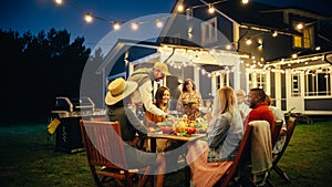 Big Family and Friends Celebrating Outside at Home in the Evening. Diverse Group of Children, Adults