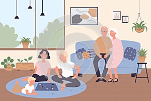 Big family gathering at home, grandparents sitting on sofa, father, mother and kid play