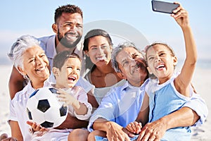 Big family, grandparents or happy kids take a selfie at beach bonding together on holiday in Mexico. Social media, mom