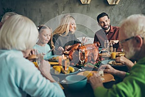 Big family happy celebrate thanksgiving day gather mature generation small little kids sit table eat evening feast