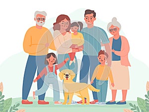 Big family. Happy parents, children, grandma and grandpa. Smiling dad, mom, kids and dog. Three generation standing together