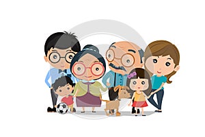 Big family happy together. smiling family portrait. Mother, father daughter, son, grandparents. Vector illustration of a flat