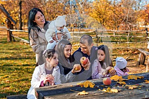 big family has picnic in autumn city park, children and parents sitting together at the table, with apples and yellow maple leaves