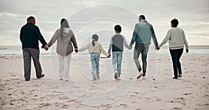 Big family, holding hands and beach walking happy on cloudy day for connection, grandparents or children love. Mother