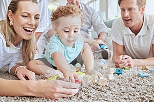 Big family in living room with baby play with toys and fun together on floor on a weekend. Happy grandparents, mother