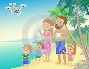 Big family mom dad and three children kids boy girl on vacation seashore ocean sea