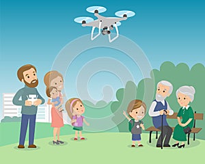 Big family with mother father grandmother grandfather kids baby child set. Drone in the park quadrocopter vector