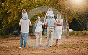 Big family, park and nature walking of mother, grandparent and children with love and care. Happy family, outdoor and