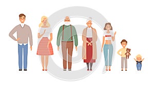 Big family portrait. Father mother daughter brother sister boys girls grandparent baby vector lifestyle characters