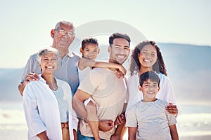 Big family, portrait of grandparents and kids with parents, smile and happy bonding together on ocean vacation. Sun, fun