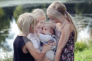 Big Family. Portrait of happy cute big and little sisters and bother