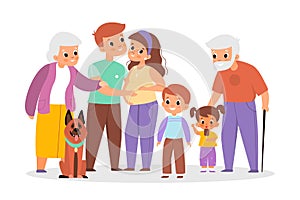 Big family portrait. Happy people characters group, different ages relatives, parents and children with grandparents and