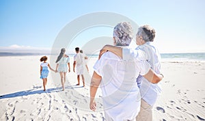 Big family, sea or old couple walking with children in summer with happiness, trust or peace in nature. Grandparents