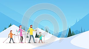 Big Family Skiing Winter Holiday Vacation Snow Sport Mountain Background