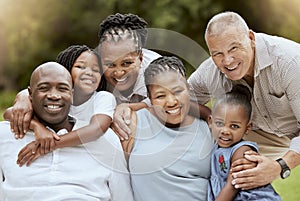 Big family, smile and portrait at park on vacation, holiday or summer trip. Love, black family and grandparents, kids