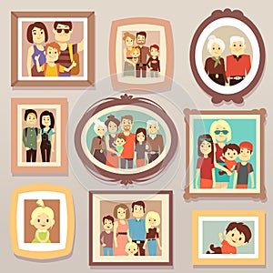 Big family smiling photo portraits in frames on wall vector illustration