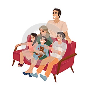 Big family with three children sitting on the sofa at home. Rest with relatives, day off, watching a movie. Vector