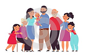 Big family together. Cute people, mom grandpa grandmother with baby. Flat standing group, cartoon grandparents and kids