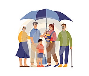 Big family under giant umbrella. Safety concept. Grandparents, parents and children. Man with wife, little baby. Life